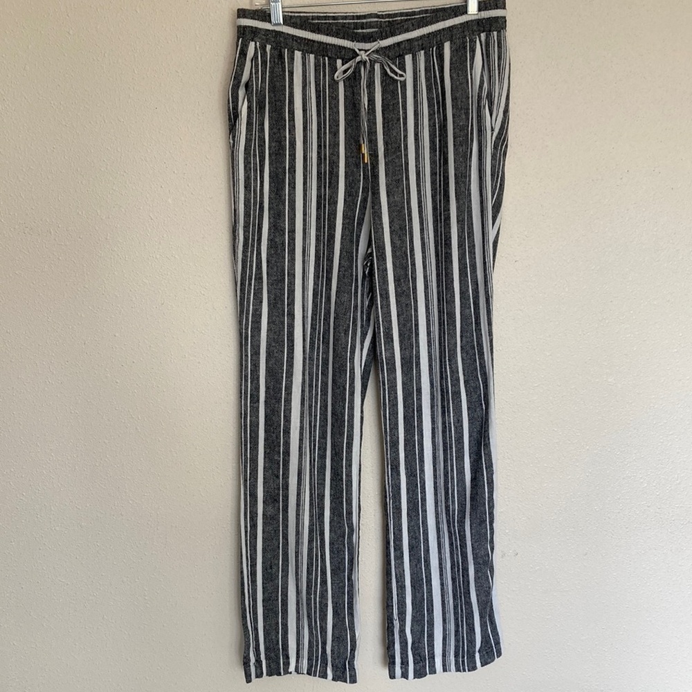 Ellen Tracy Striped Linen/Rayon Pants Straight Leg Gray White Size M